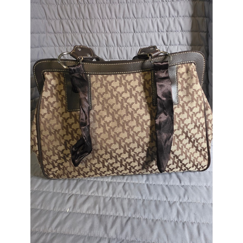 1051 New York & Company Monogram Jacquard Satchel Brown Tan Satin Ribbon Bag